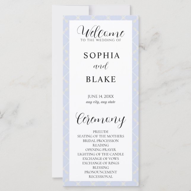 Programme de mariage Plaid Bleu, Jaune et Blanc (Devant)