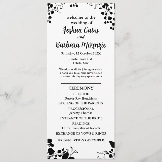 Programme de mariage plat noir sur blanc (Devant)
