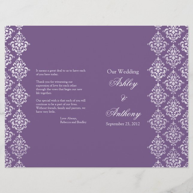 Programme de mariage pliable violet et blanc Damas (Devant)