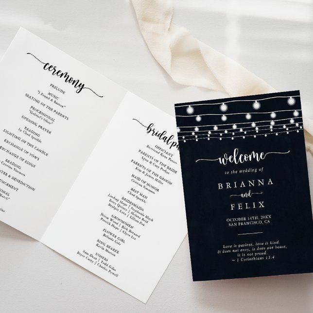Programme de mariage plié avec des lampes à cordes (Créateur téléchargé)