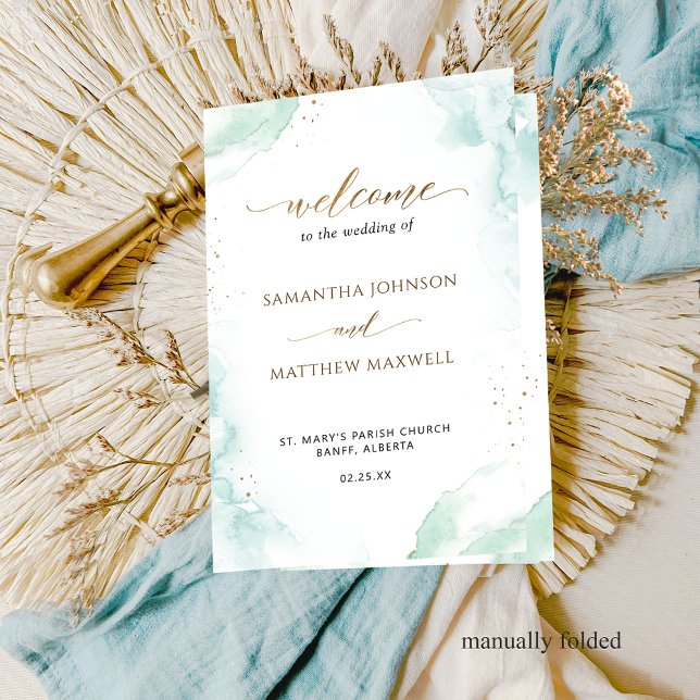Programme de mariage plié Blue Green Watercolor (Créateur téléchargé)