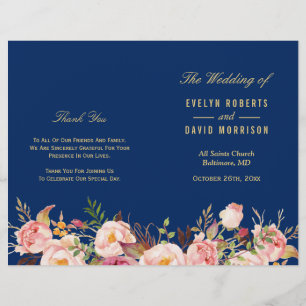 Programme de mariage plié en or bleu marine
