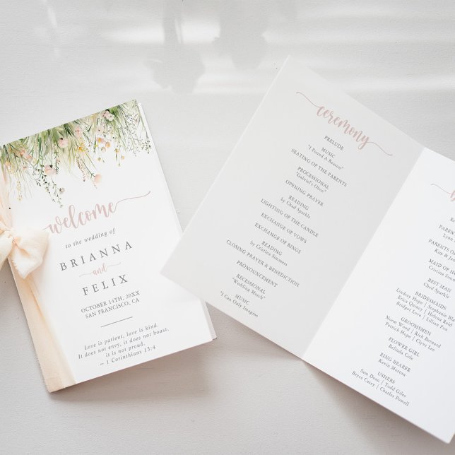 Programme de mariage plié Fleur sauvage Boho vert (Créateur téléchargé)