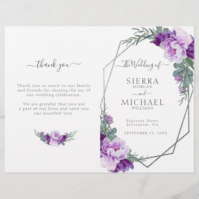Programme de mariage plié floral violet argenté ch (Devant)