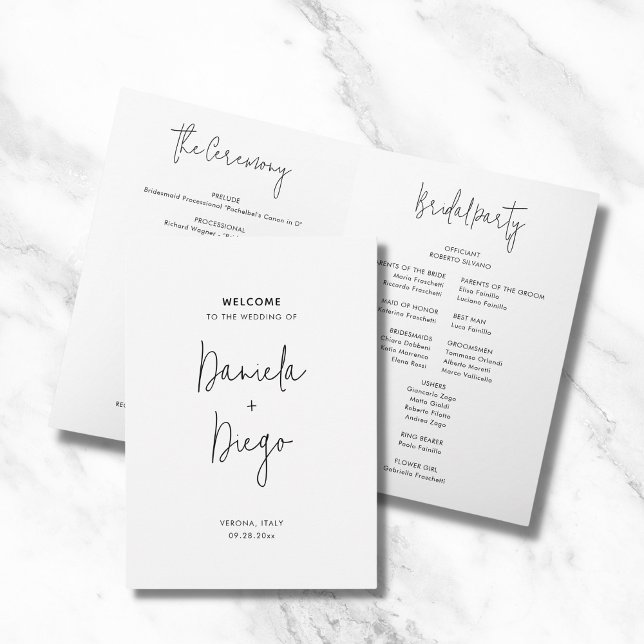 Programme de mariage plié minimaliste simple et mo (Simple, modern, minimalist, folded wedding program in classic black and white)