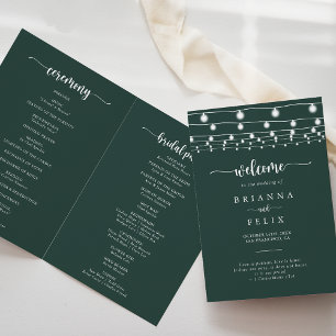 Programme de mariage plié vert avec des lampes à c