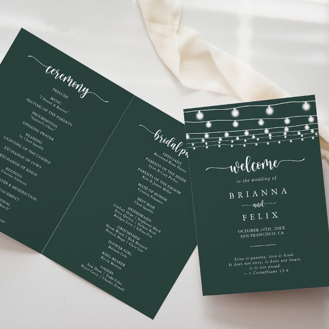 Programme de mariage plié vert avec des lampes à c (Créateur téléchargé)