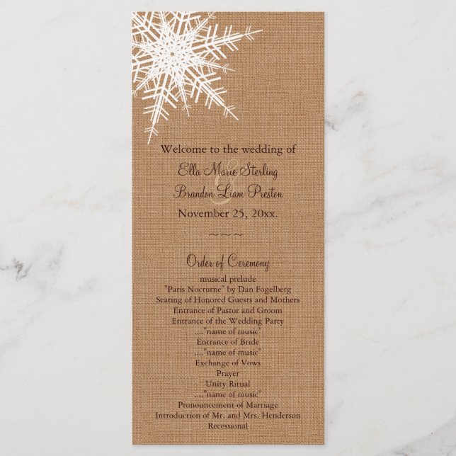 Programme de mariage pour burlap d'hiver (Devant)
