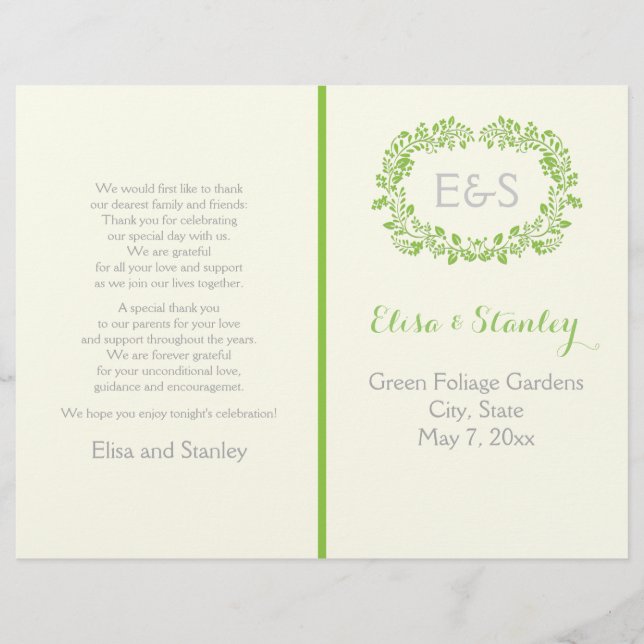 Programme de mariage pour cadre feuillage vert pri (Devant)