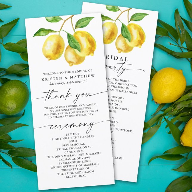 Programme de mariage pour l'aquarelle citron (A refreshing and fun way to guide your guests through your special day with a touch of citrus lemon.)