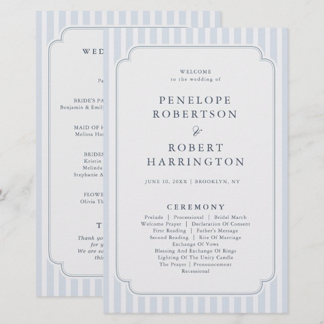 Programme de mariage rayé bleu poussiéreux Moderne (Devant / Derrière)
