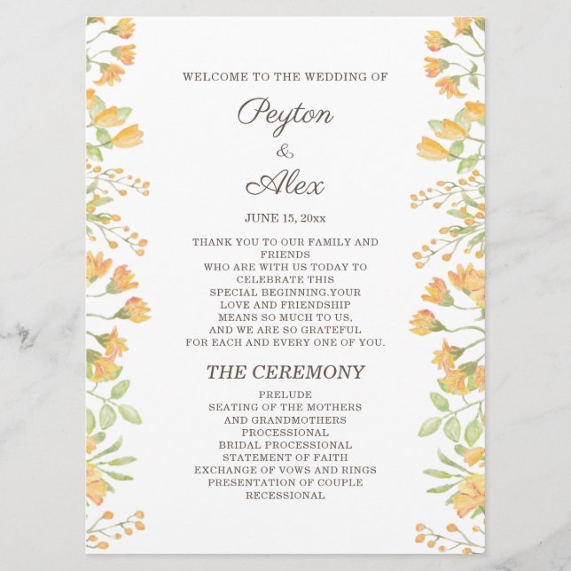 Programme de mariage recto-verso jaune pastel flor (Devant)