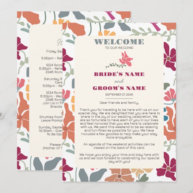 Programme de mariage rétro floral Boho Chic (Devant / Derrière)
