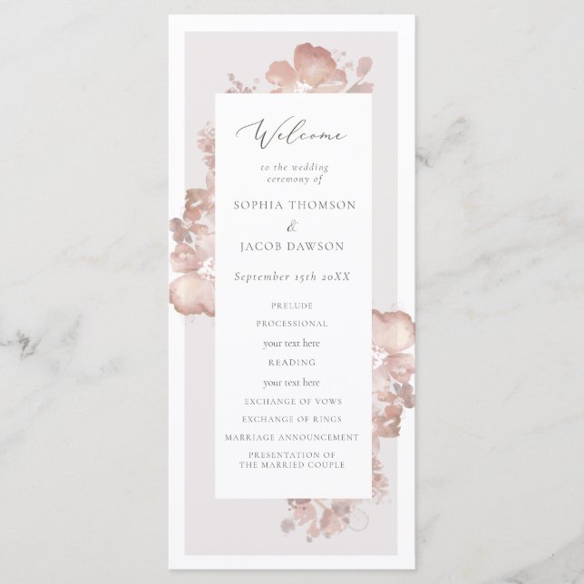 Programme de mariage romantique aquarelle (Devant)