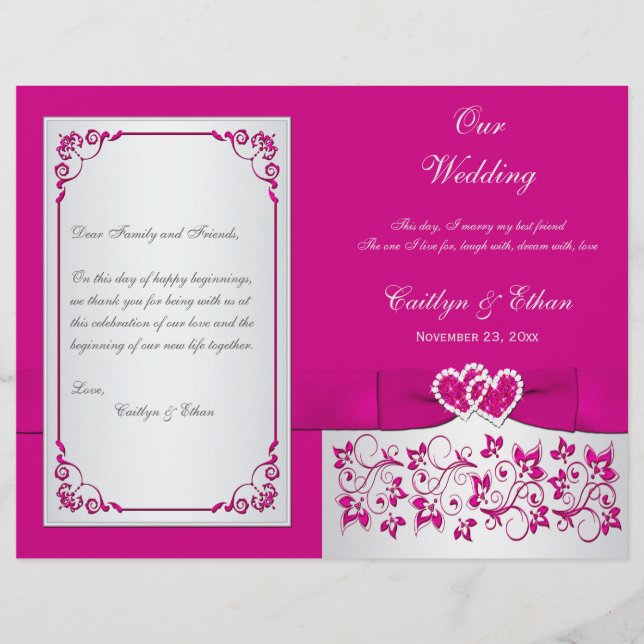 Programme de mariage rose, argent fleuri Coeurs (Devant)