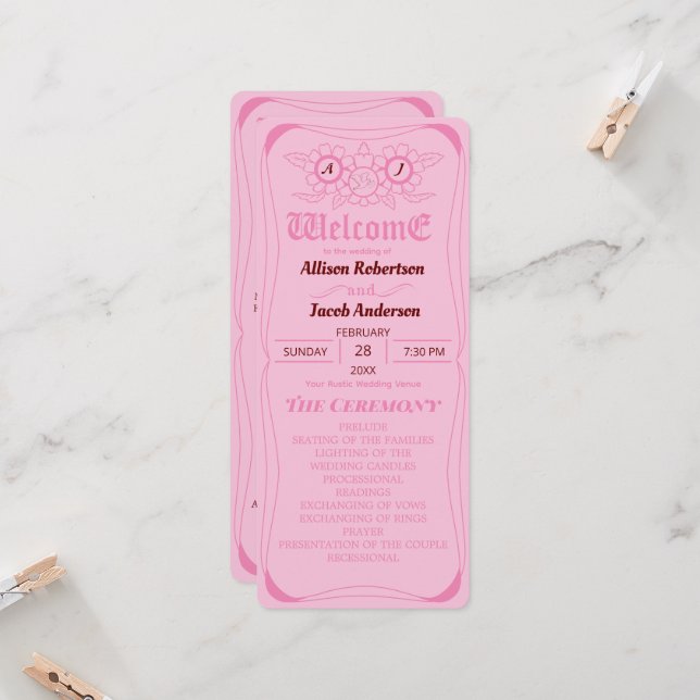 Programme de mariage rose brillant et audacieux (Devant/Arrière en situation)