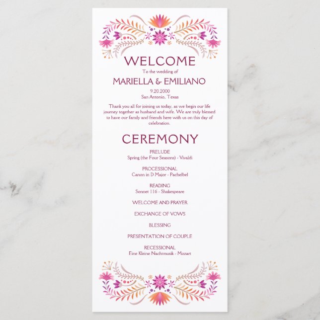 Programme de mariage rose Fiesta (Devant)