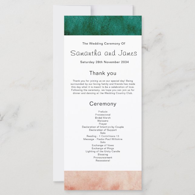 Programme de mariage rose pâle vert aquarelle (Devant)