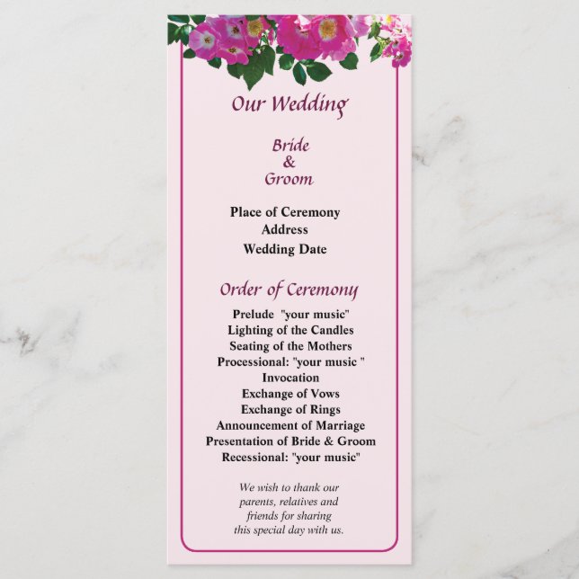 Programme de mariage Rose Pink Rambler (Devant)