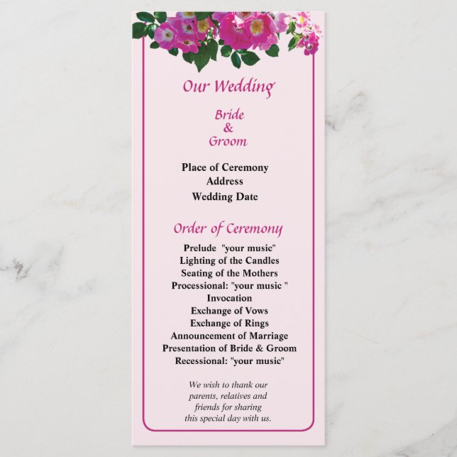 Programme de mariage Rose Pink Rambler (Devant)