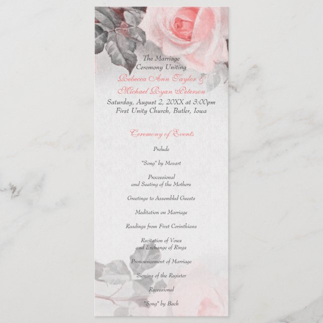 Programme de mariage rose rose vintage (Devant)