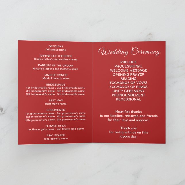 Programme de mariage rouge Crimson sur carte pliée (Intérieur)