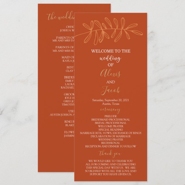 Programme de mariage - rouille (Devant / Derrière)