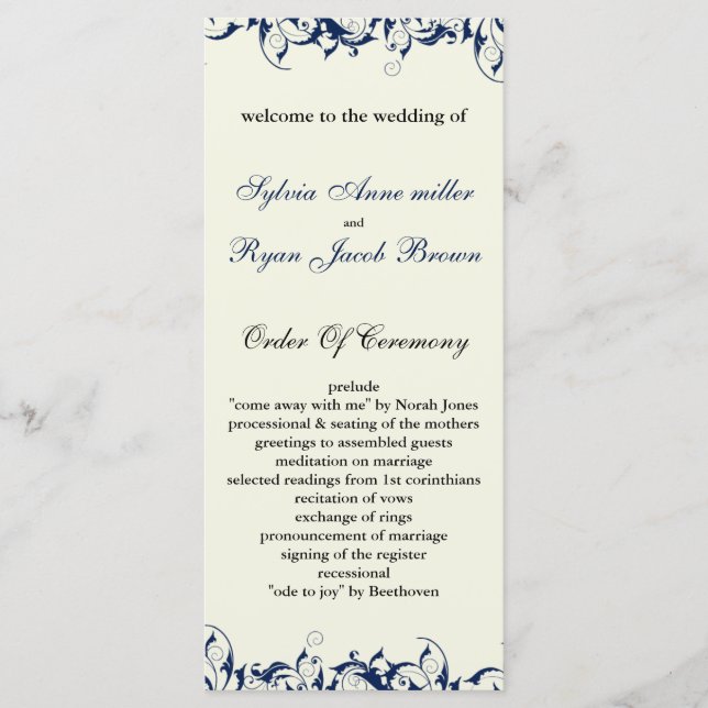 programme de mariage royal bleu et ivoire (Devant)