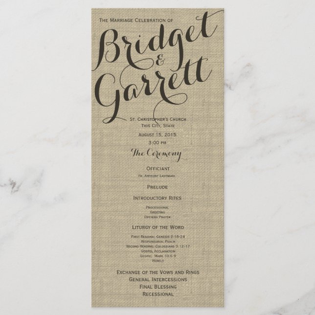 Programme de mariage rustique de texte (Devant)