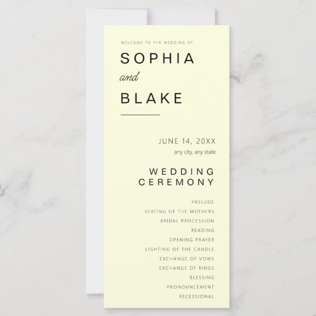 Programme de Mariage Simple Minimaliste Jaune Clai (Devant)
