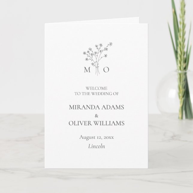 Programme de mariage simple monogramme floral bouq (Devant)