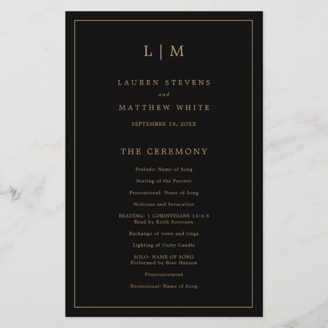 Programme de mariage simple monogramme noir et or (Devant)