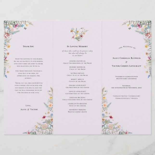 Programme de mariage simple pour les Fleurs sauvag (Devant)