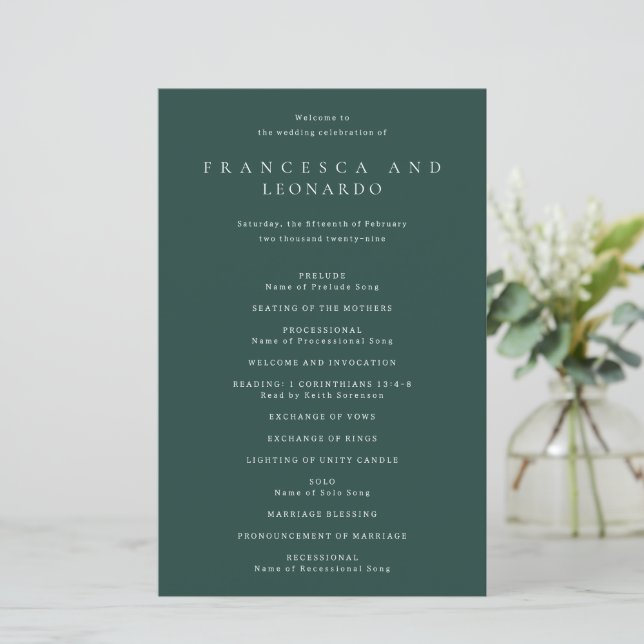 Programme de mariage simple vert émeraude classiqu (Debout devant)