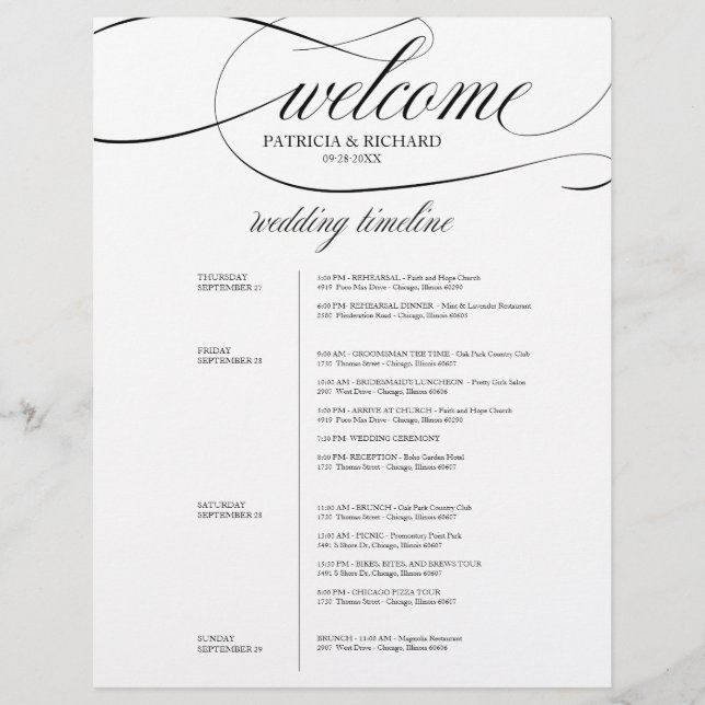 Programme de mariage sur 4 jours élégant écriture  (Devant)