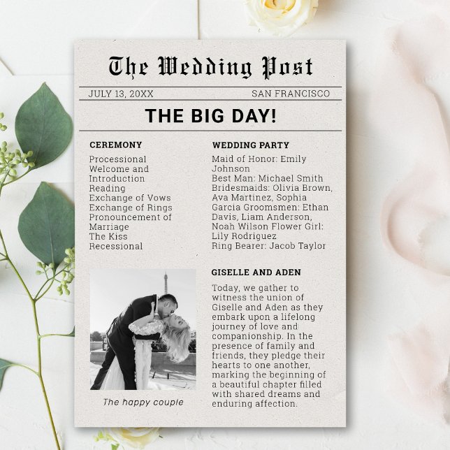 Programme de mariage sur papier journal nostalgiqu (Newspaper Wedding Program)