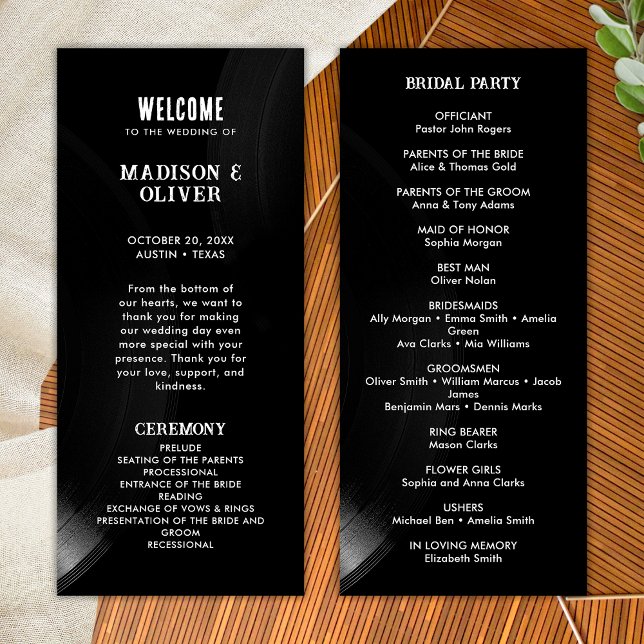 Programme de mariage sur vinyle noir et blanc rétr (Front/Back)