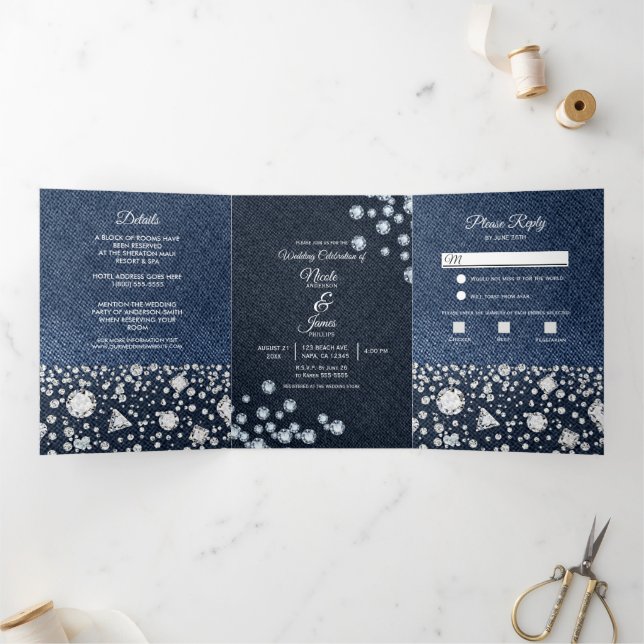 Programme de mariage trifolié Glam Bleu Denim & Di (Intérieur)