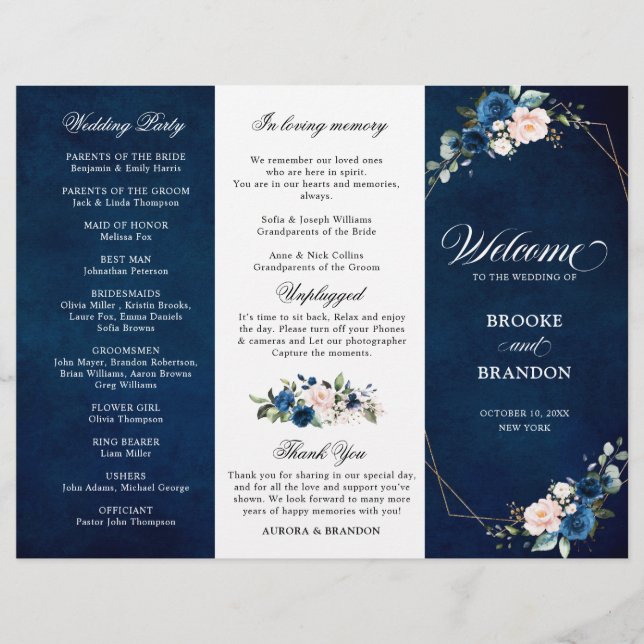 Programme de mariage triplé Rose bleu de la Marine (Devant)