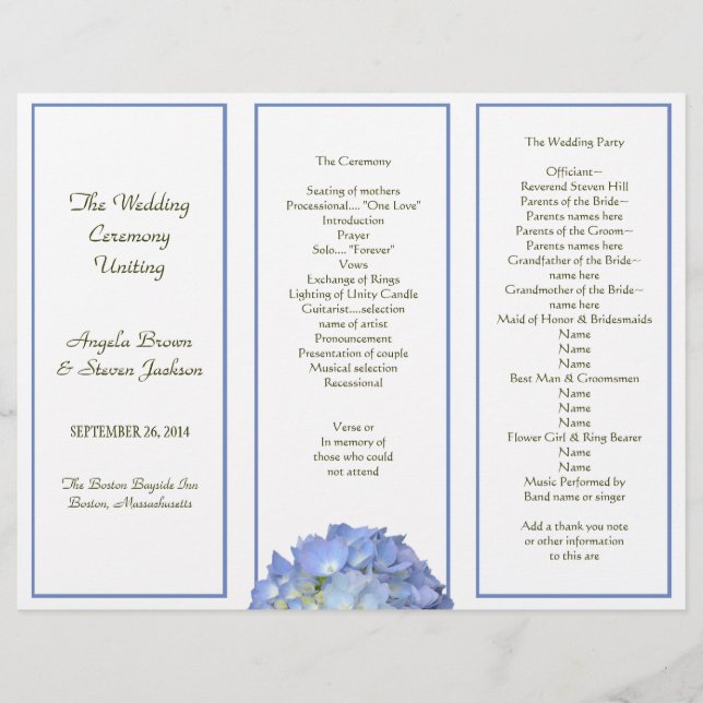 Programme de mariage triptyque aux hortensias bleu (Devant)