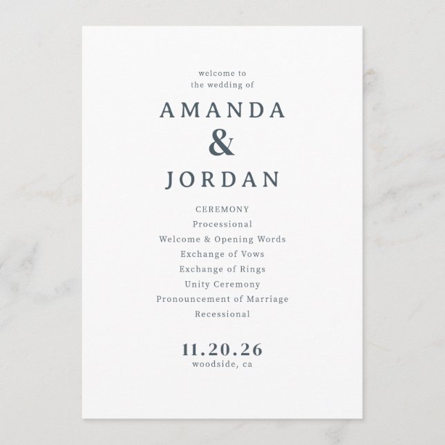 Programme de mariage typographique gris élégant (Devant)