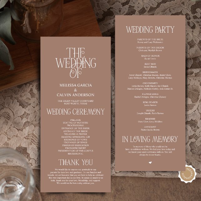 Programme de mariage typographique Mousse au moka  (Elegant Mocha Mousse Typography Modern Romantic Wedding Program Card)