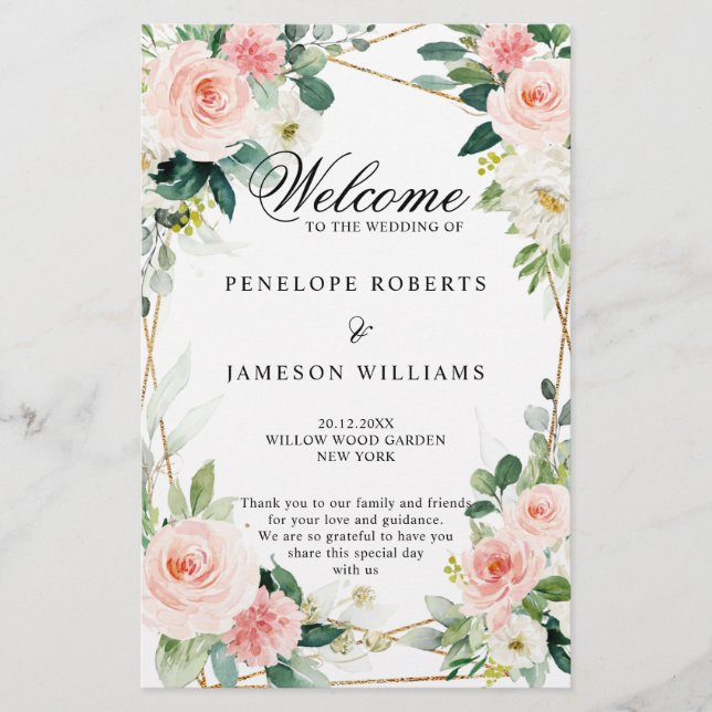 Programme de mariage végétal géométrique rose pâle (Devant)