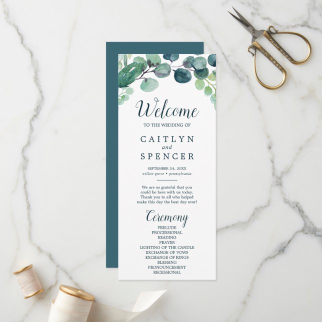 Programme de mariage verdoyant et eucalyptus (Devant/Arrière en situation)