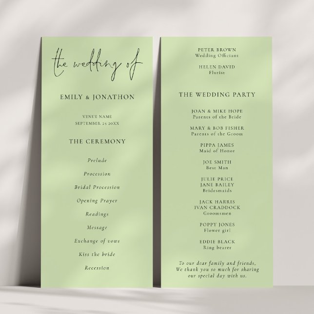 Programme de mariage vert à la crème de citron ver (Front and back view)