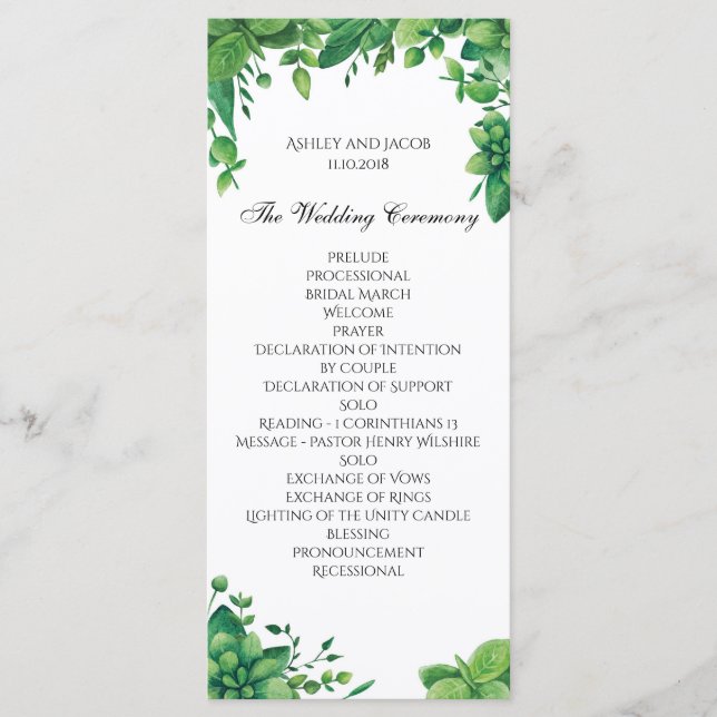 Programme de mariage vert. Carte de cérémonie du j (Devant)