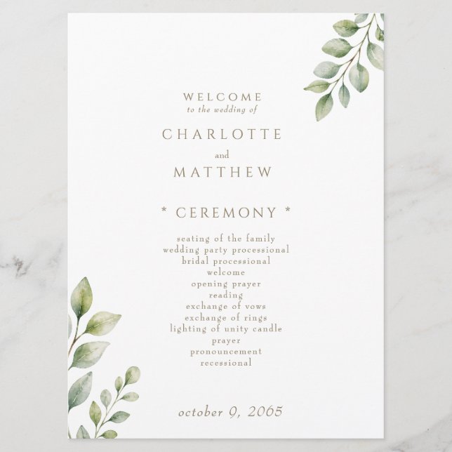 Programme de mariage vert et blanc (Devant)