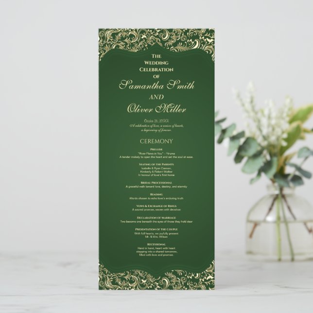 Programme De Mariage Vert Et Or Décoratif (Debout devant)