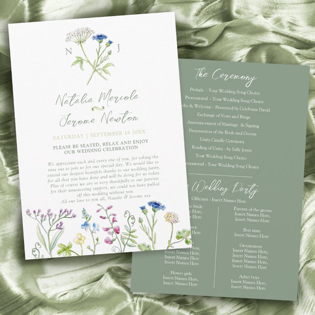 Programme de mariage vert fleur sauvage aquarelle (Créateur téléchargé)