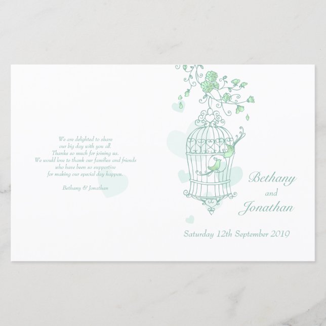 Programme de mariage vert menthe Inséparables (Devant)